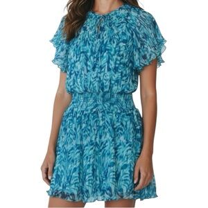 NWT RAMY BROOK Beach Blue Ruffle Short Sleeve Elastic Waist Dress Size Large